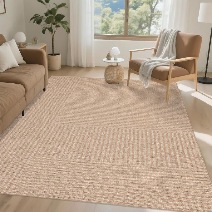 Easy Jute Rug 8x10 Outdoor: Natural Area Rugs for Patio Linen-Look Durable - Neutral Large Washable Carpet for Living Room Bedroom Dining Room Non-Slip - Beige Stripes