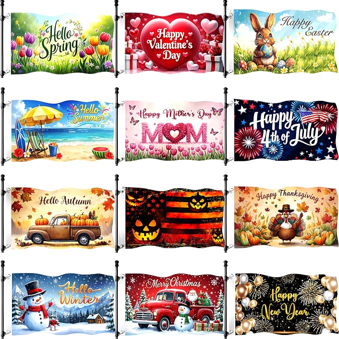 Large Seasonal Garden Flags Set of 12-3x5 Ft Outdoor Double Sided Yard Flags with 2 Grommets for All Seasons Holiday Garden Decor Double Stitching Fall Winter Halloween Christmas Outside Decor