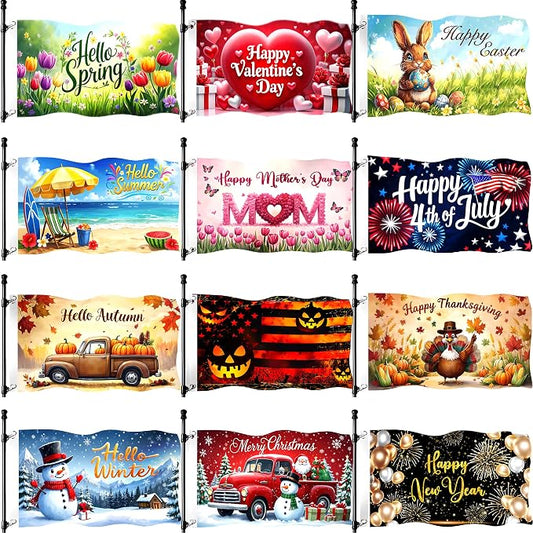 Large Seasonal Garden Flags Set of 12-3x5 Ft Outdoor Double Sided Yard Flags with 2 Grommets for All Seasons Holiday Garden Decor Double Stitching Fall Winter Halloween Christmas Outside Decor