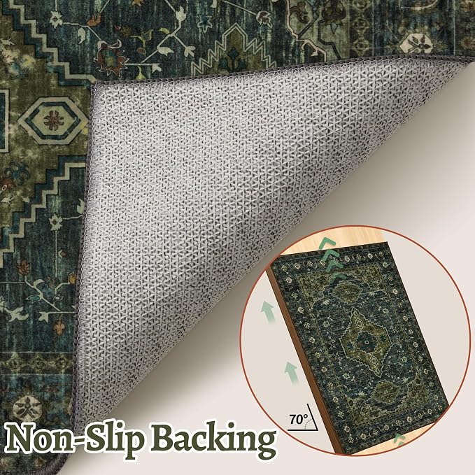 Vintage 2.6x10 Washable Hallway Runner Rug, Non Slip Runner Rug Green | Oriental Low Pile Long Rug Runner, Boho Print Carpet Runners for Hallway Kitchen Bedroom Entryway Living Room Olive Green