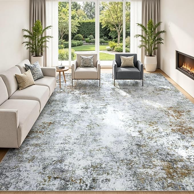 9x12 Washable Area Rug Modern Abstract for Living Room Bedroom Gray Brown | Soft Indoor Carpet,Anti-skid Backing,Water Repellent,Non-shedding, Suitable for bedroom dining farmhouse nursery home office