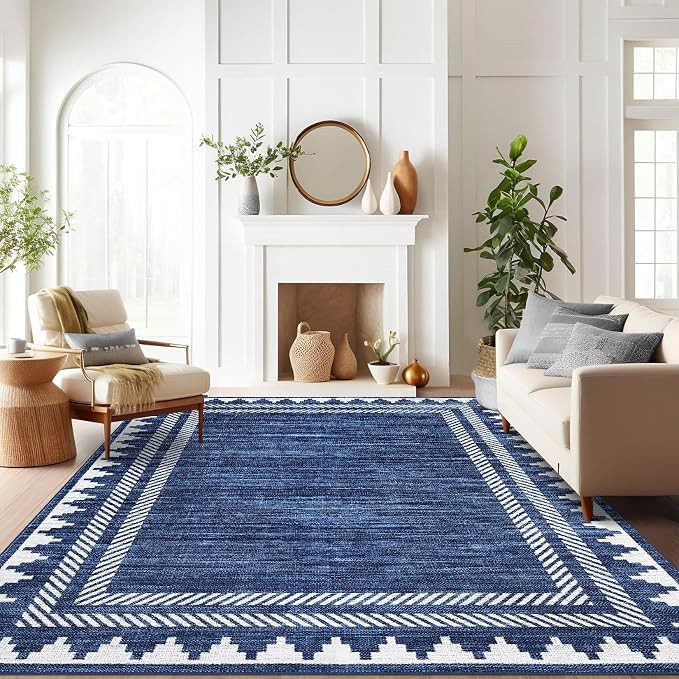 GarveeHome Area Rug 9x12 Modern Geometric Rug with Non Slip TPR Backing, Unique Bordered Neutral Washable Carpet, Soft Low Pile Floor Covering Non Shedding Neutral Mat for Open Spaces Office, Blue