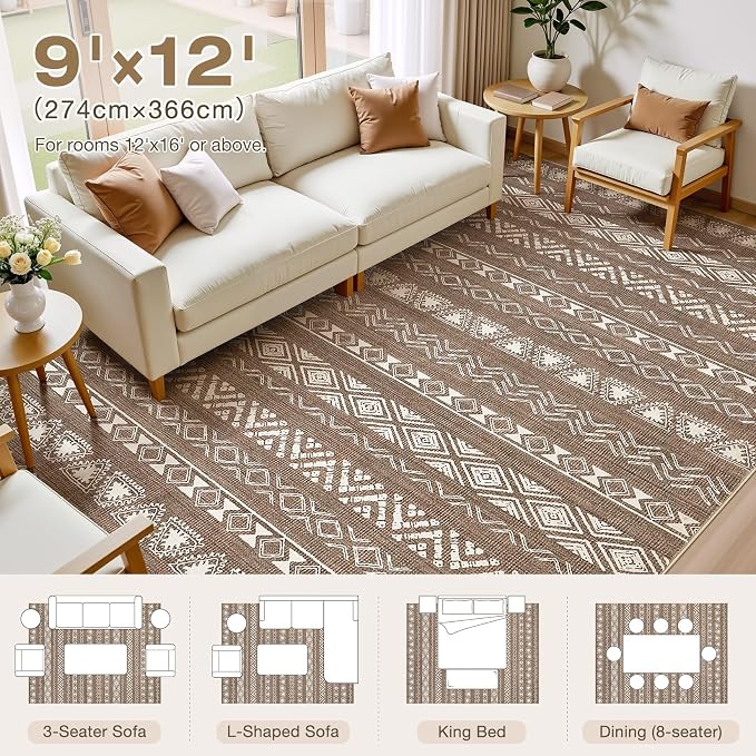 kakania Washable 9x12 Area Rug for Living Room: Boho Geometry Home Decor | Soft Stain Resistant, Low-Pile, Non-Slip, Pet & Kid Friendly, Thin Rug for Bedroom/Dining Room/Kids Dorm - Dark Brown