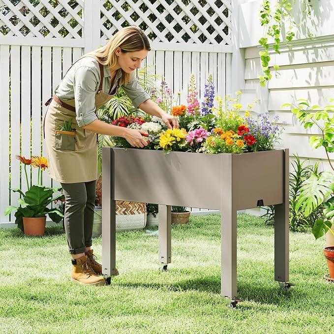 Elevated 26.3" Tall Raised Garden Bed with Wheels - Outdoor Mobile Resin Planter Box with Drainage Holes for Vegetables Flower Herbs, Weather Resistant, Medium Gray (26.3" h)