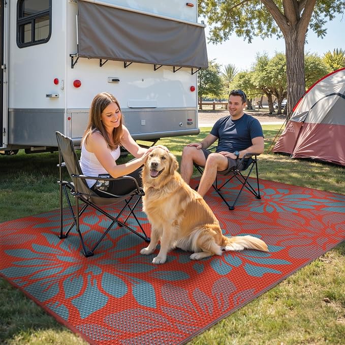 GENIMO Outdoor Rug Waterproof for Patio Decor, 6' x 9' Reversible Plastic Straw Floral Camping Carpet, Large Area Rugs Mats for RV, Camper, Deck, Balcony, Porch, Beach, Picnic, Red & Blue