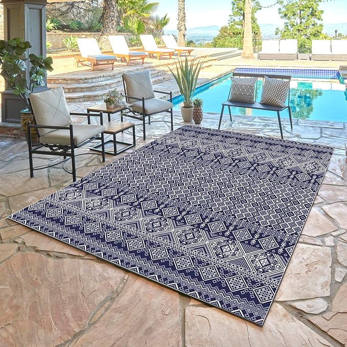 Gertmenian Indoor Outdoor Bohemian Area Rug - 6x9 Medium, Fade Resistant, Ideal for High Traffic in Living Room, Bedroom, Patio - Moroccan, Blue, 27102