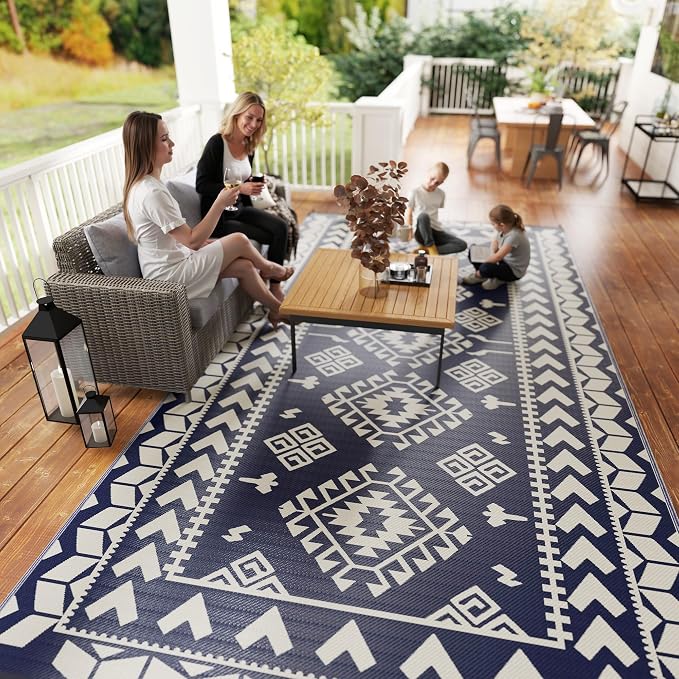 Outsunny Outdoor Rug for Patio, 9' x 18' Waterproof Large Mat, Reversible Plastic Straw Rug for Decor, Portable Outside RV Camping Area Carpet Mat for Backyard Porch Deck Picnic, Blue & White Rhombus