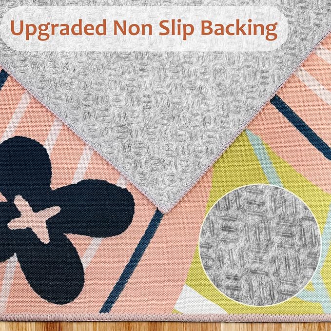 Tyrot Boho Floral Living Room Rug, 5x7 Rug Washable Tropical Botanical Area Rugs Flat Woven Ultra-Thin Non Slip Low Pile Carpet for Bedroom, Dining Room, Office, Kids Room, Pink Green