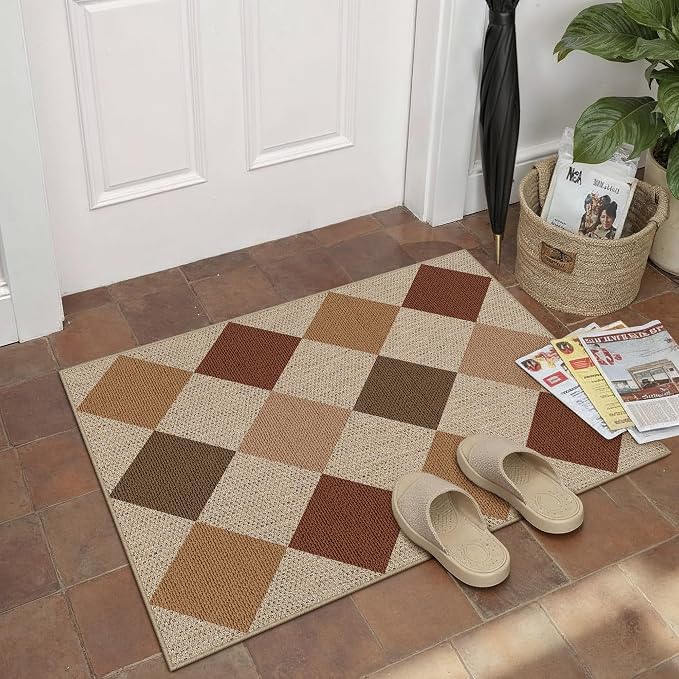 PureCozy 2x3 Checkered Easy Jute Kitchen Front Doormat Non Slip Washable Neutral Area Rug Diamond Non Shedding Low Pile Brown-Beige Checkerboard Floor Carpet for Farmhouse Entryway Porch Doorway