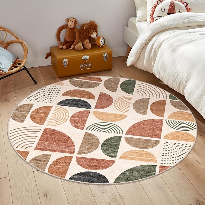 Round Rugs 5ft,Circle Area Rug Washable Non Slip Modern Abstract Boho | Circular Rugs for Bedroom Living Room Dining Room Throw Carpet Soft Low Pile Floor Indoor Bohemian Terracotta