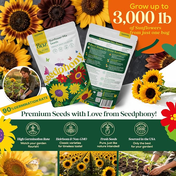 Seedphony Sunflower Mix Seeds Pack 8 oz - 10,300 Non-GMO Heirloom Sunflower Mix Seeds for Planting, Annual Flowers in Waterproof Seed Packet, Edible Flower Seeds for Planting Garden Indoor & Outdoor