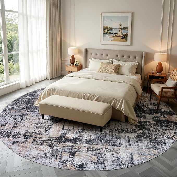 Sasttie 8ft Round Rug, Modern Abstract Large Circle Carpet, Black & Cream | Machine Washable, Ultra-Soft Faux Wool, Low Pile, Non-Slip, Lightweight, Thin, for Living Room, Bedroom, Dinning Room & Dorm