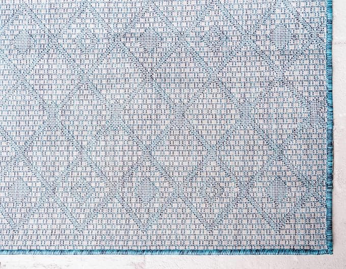 Unique Loom Outdoor Trellis Collection Area Rug - Tribal Trellis (9' x 12' Rectangle, Teal/ Ivory)