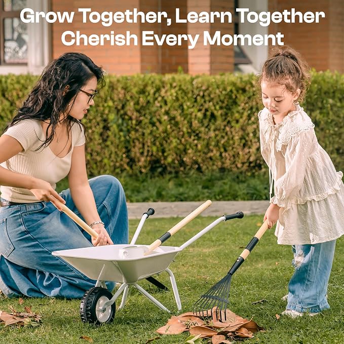 ROBUD Kids Gardening Tools Outdoor Toys Set Backyard Play with Kids Wheelbarrow-9pcs Metal Toddler Wheelbarrow, Garden Tools, Watering Can, Plant Labels for Ages 3+ (Grayish White)