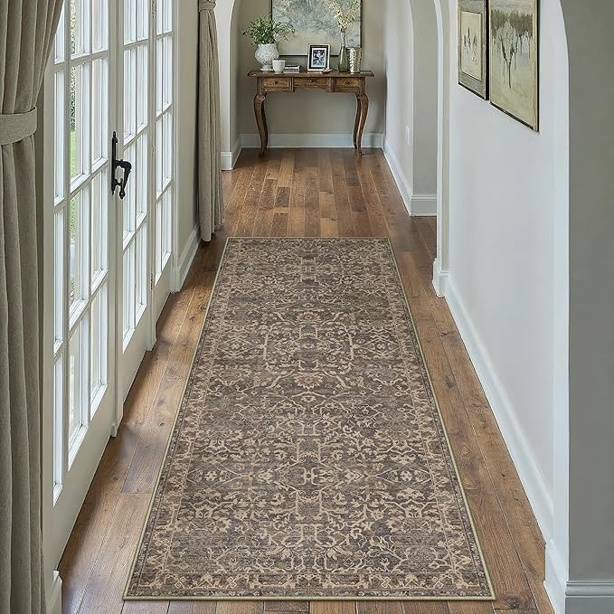 2x6 Brown Vintage Floral Washable Runner Rug for Hallway | Low Pile, Non Slip, Retro Style, Soft Distressed Indoor Rug for Entrance, Kitchen, Bedroom, Laundry Room, Home Decor