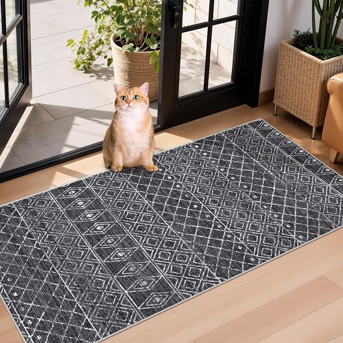 2x4 Runner Rug for Hallway: Washable Non Slip Moroccan Kitchen Rugs Black | Soft Stain Resistant Easy Clean Mat with Rubber Backing for Entryway Bedroom Family with Pets