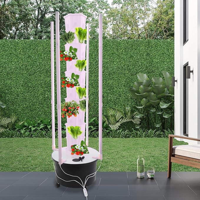 10 Tier Hydroponic Growing Tower with Led Grow Lights Water Pump, 60 Planting Pots Vertical Garden Indoor Outdoor Automatic Water Circulation System, Locking Wheels for Home, Patio, Balcony