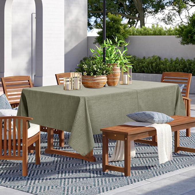 LUSHVIDA Outdoor Tablecloth with Umbrella Hole - Patio Table Cloth Zippered Rectangle 60x102 Inch, Khaki Linen-Look Polyester Table Cover Water Resistant for Picnic Outside