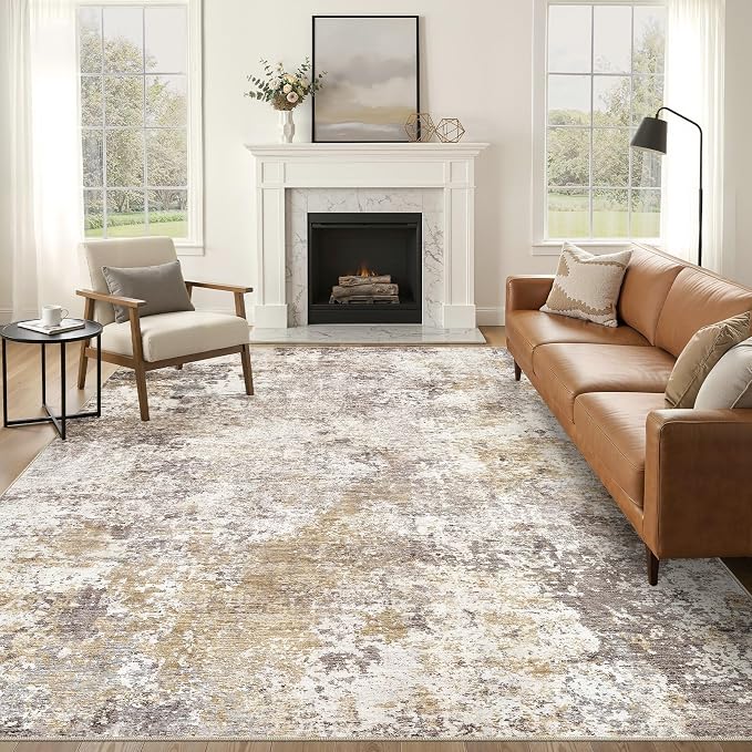 Nakagishi 12X15 Abstract Washable Area Rugs for Living Room-Golden Brown | Modern Non-Slip Silicone Backing Low Pile Soft Carpet for Bedroom Dining Decor for Families with Kids and Pets