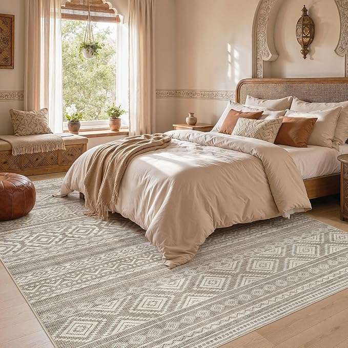 cotiled Boho 7x10 Area Rug for Living Room: Large Moroccan Washable Rug | Solve Modern Neutral Trendy Home Decor - Stain Resistan Indoor Carpet for Bedroom Farmhouse Dining Room Coffee Brown