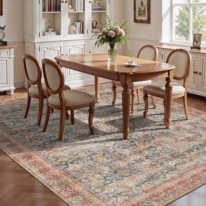 8x10 Area Rugs for Living Room - Washable Vintage Retro Large Rug, Soft Ultra Thin Non Slip Low Pile Traditional Distressed Boho Carpet for Bedroom Dining Room Home Office, Rust Clay