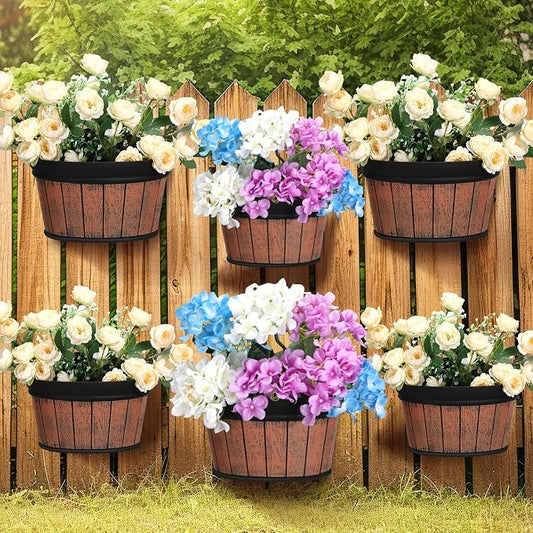 Layhit 6 Pcs Wall Hanging Planters Outdoor Pot Planter Wine Barrel Planter Distressed Oak Thickened Plastic Water Storage Flower Pots for Flower Indoor Outdoor(12 Inches, 10 Inches,Brown)