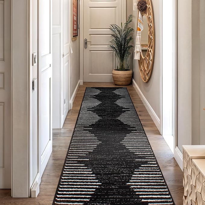 Rugshop Bohemian Stripe Stain Resistant Runner Rug Black 2' x 7' | High Traffic, Rectangular, Size 2' x 7', Living Room, Bedroom, Dining Room, Home Office, Kitchen, Entryway, Hallway, Nursery