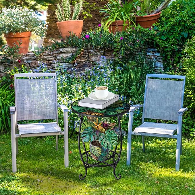 Cinnvoice Outdoor Side Table Round Small Mosaic Patio Accent Indoor End Plant Coffee Tea Table for Yard Patio Porch Garden Living Room, Bedroom (Monster Leaf Style,14 Inch)