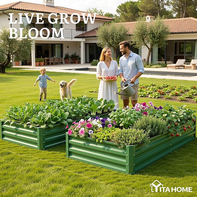 YITAHOME 2pcs 6x3x1ft Galvanized Raised Garden Bed, Metal Planter Box with Safety Rubber, Gloves, Outdoor Flower Bed for Planting Plants Vegetables, Green