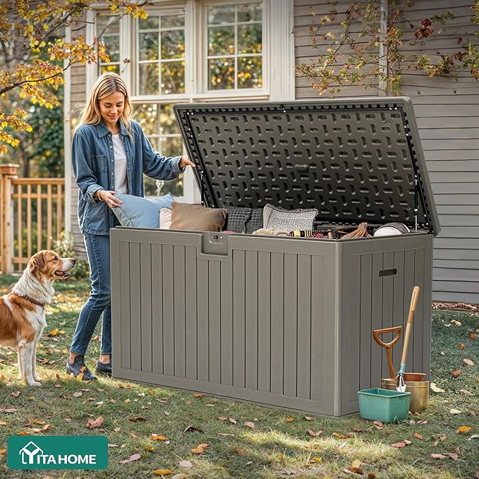 YITAHOME 220 Gallon Extra Large Deck Box | Double-Wall Resin Outdoor Storage Box with Flexible Divider for Patio Cushions Pool Supplies Garden Tools, 990 lbs Load