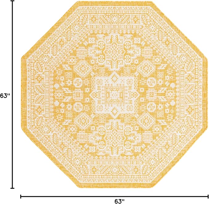Unique Loom Outdoor Aztec Collection Area Rug - Chalca (5' 3" Octagon, Yellow/ Ivory)