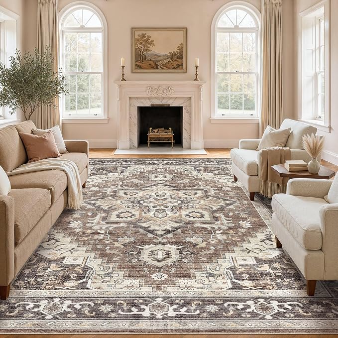 DTICON Vintage Washable 8x10 Area Rug Living Room Rugs, Dark Brown | Boho Distressed, Pet & Kid Friendly, Non-Slip Backing, Soft Polyester, Low-pile Carpet for Living Room, Bedroom, Dining Room