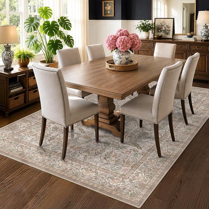 Vintage Floral 5x8 Dining Room Rug, Machine Washable Moss Green Living Room Area Rugs, Non Slip Low Pile Farmhouse Carpet for Home Office Bedroom, Soft Stain Resistant Indoor Carpet