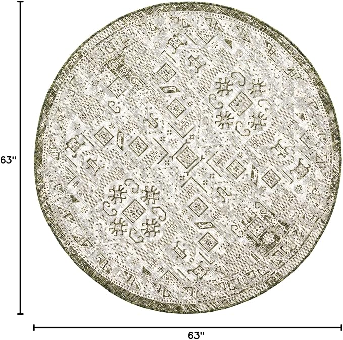 Unique Loom Outdoor Aztec Collection Area Rug - Coba (5' 3" Round, Green/ Ivory)