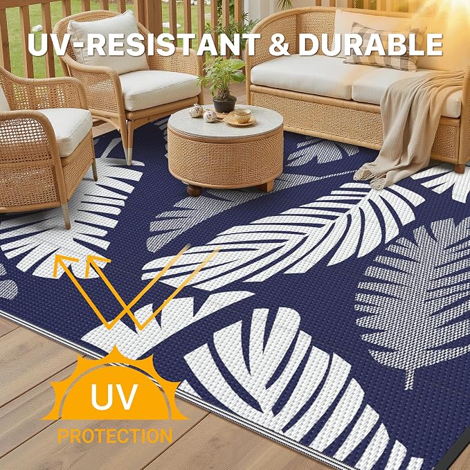 GENIMO Waterproof Outdoor Rug 6' x 9' for Patio Decor, Reversible Plastic Straw Area Rugs for Camping Clearance, RV Mat, Large Outside Carpet for Porch, Deck, Picni, Balcony, Garden, Navy Blue & White