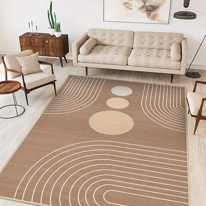 Boho Rug 4x6 Modern Geometric Minimalist Abstract Area Rug for Living Room Brown Mid Century Modern Contemporary Machine Washable Non-Slip Printed Low-Pile Carpet Dining Room Bedroom Office Brown