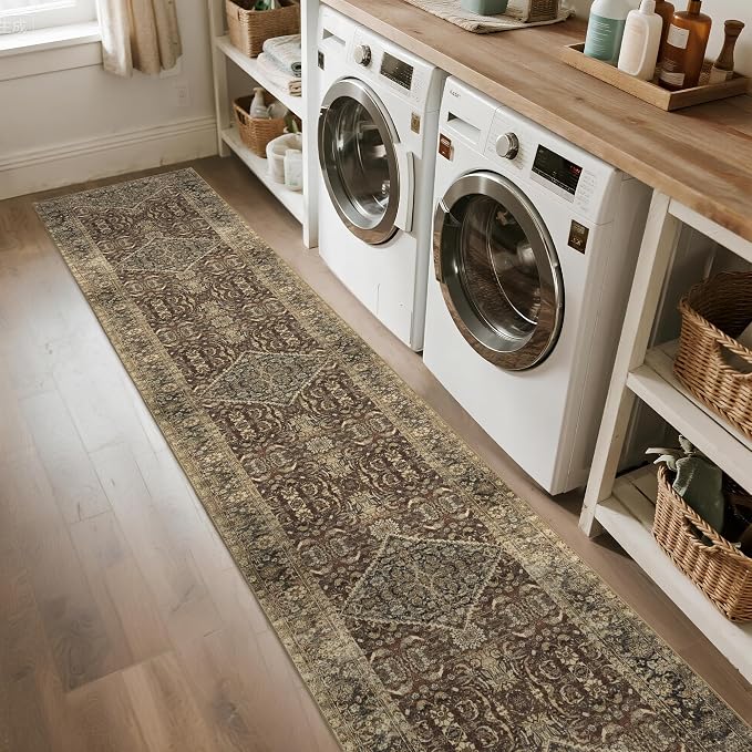 Vintage Brown Runner Rugs for Hallway: Washable Runner Rug 2x10 for Kitchen Entryway Bathroom Bedroom Indoor - Home Decor Mat Carpet - Oriental Dark Brown