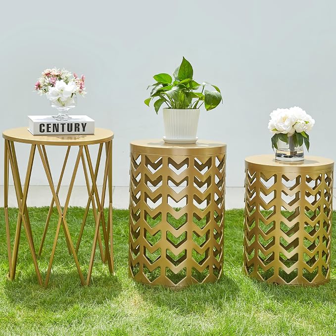 Y&M Outdoor Side Tables Set of 3, Round Heavy Duty Metal Nesting End Tables, Stacking Patio Accent Tables for Outside, Balcony, Garden, Porch, Indoor & Outdoor, Gold
