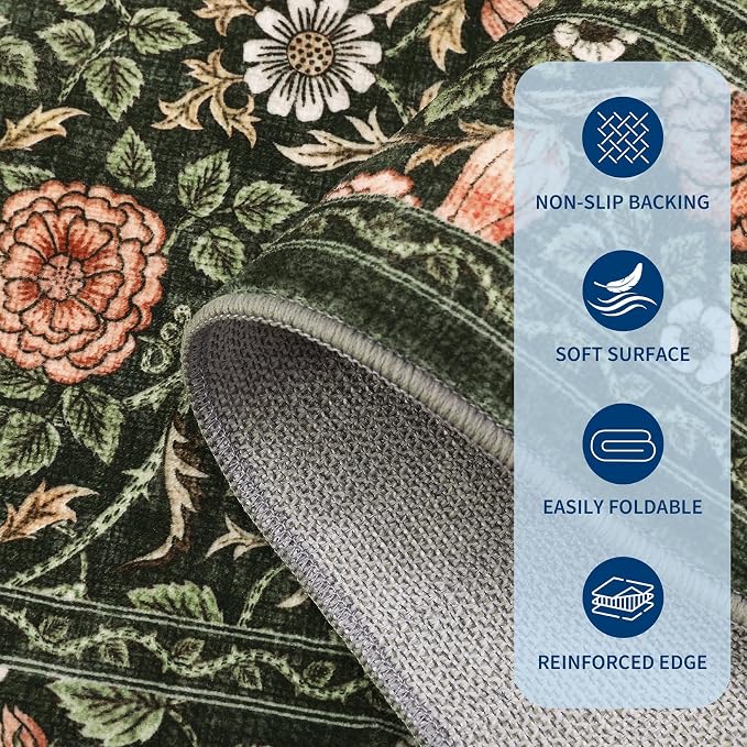 GarveeHome Dark Green Floral Washable 2x3 Rug for Entryway Small Door Mat | Kitchen Bathroom Girls Bedroom Dorm Rug Vintage Boho Rugs Low-Pile Non-Slip Stain Resistant TPE Backing