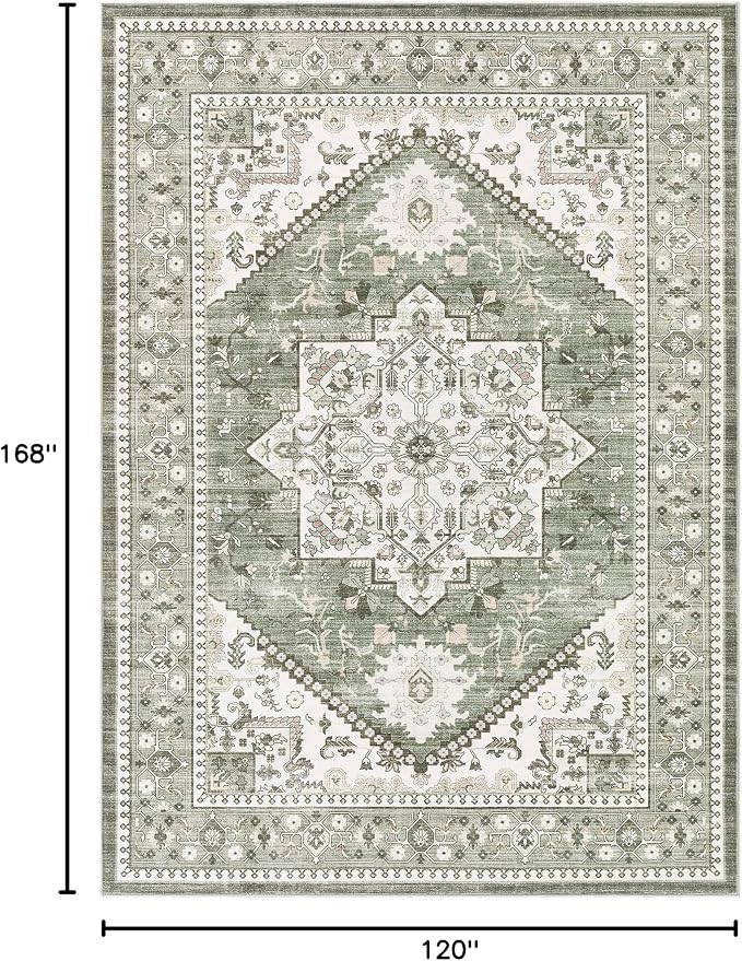 Washable Area Rug-10X14 Vintage Neutral Soft Green | Non Slip Thin Foldable Large Floor Carpet for Living Room Bedroom Kitchen Dining Room Home Office Farmhouse Indoor