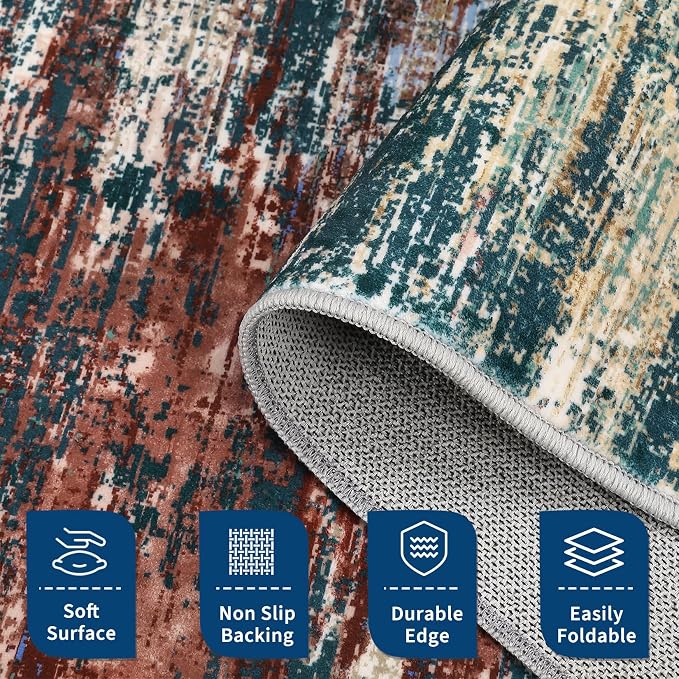 ROYHOME Washable Rug 5x7 Abstract Area Rug for Living Room, Red Multi | Non Slip Foldable Soft Rugs for Bedroom, Stain Resistant Rugs Modern Fuzzy Rug, Indoor Floor Carpet for Entryway Home
