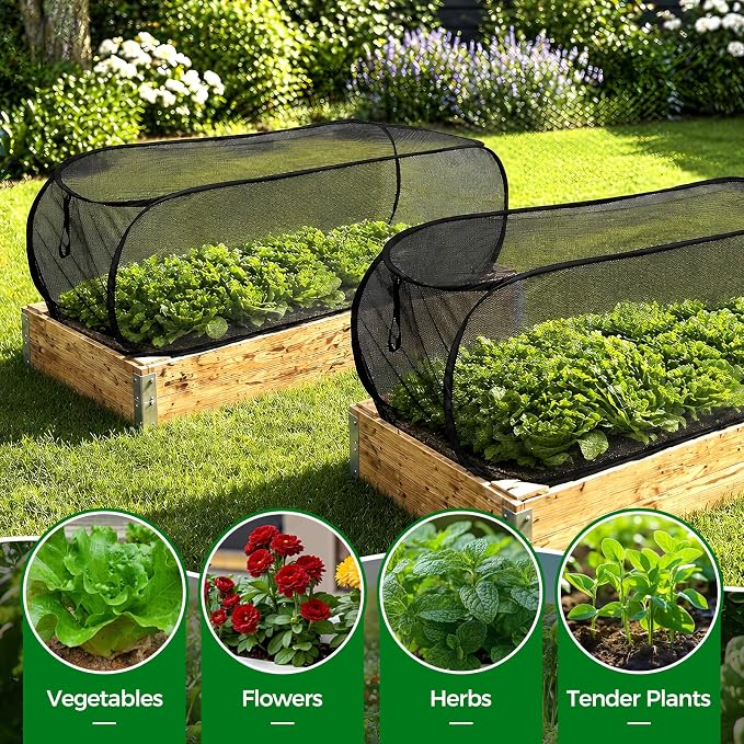 BobbleT 2 Pack Garden Covers for Raised Beds, Pop Up Mesh Plant Cover with 30% Sunblock Shade Cloth, Crop Cage for Seedlings & Vegetables, Black Outdoor Garden Bed Cover with 16 Metal Stakes