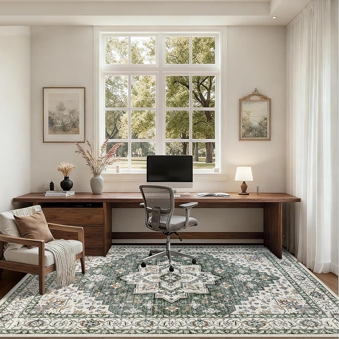 10x14 Area Rugs Living Room: Washable Rug for Bedroom Green Ivory | Vintage No Slip Stain Resistant Rug Soft Indoor Decor Floor Floral Area Rugs for Dining Room, Nursery, Hallway, Home Office