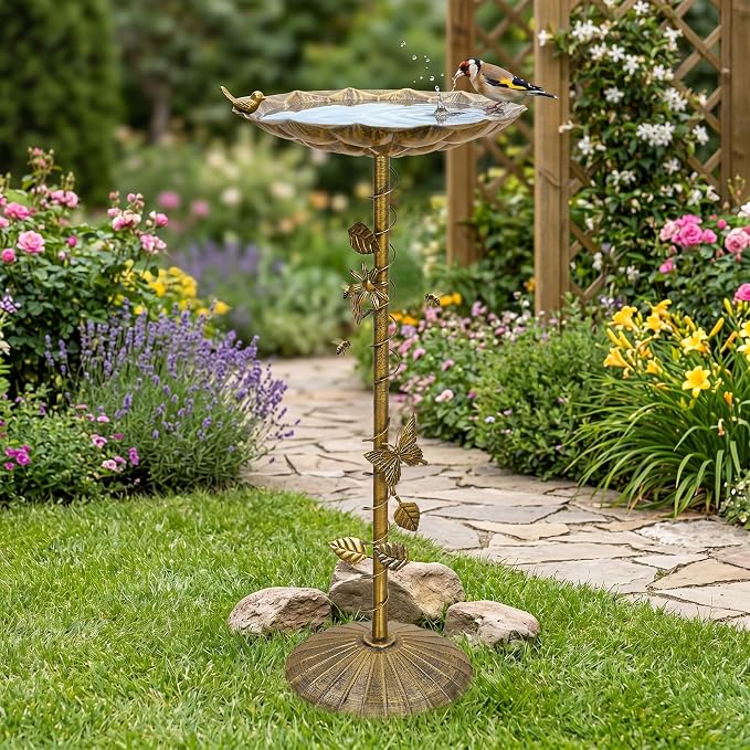 VECELO Antique Gold Metal Bird Bath for Outside, 28.7" Freestanding Pedestal Birdbath with Vintage Butterfly & Bird Decor, 15.4" Bowl Diameter, Easy Assembly Heavy-Duty Iron Garden Decoration