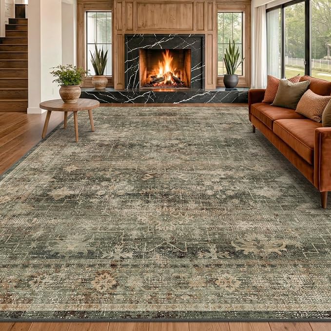 Boho 8x10 Moss Green Area Rugs for Living Room, Bedroom, Cottagecore Vintage Abstract Distressed Washable Rug for Dining Room, Stain Resistant Low Pile Non-Slip Ultra Soft, Moody Décor