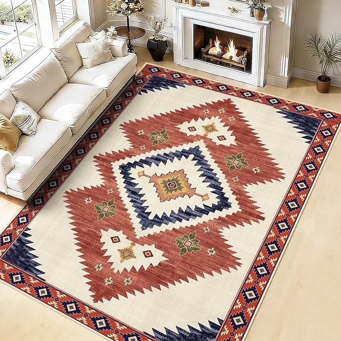 Area Rug 5x7 Western Rug for Living Room Southwest Aztec Rugs | Washable Southwestern Navaj Tribal Rugs Low Pile Non-Slip Floor Carpet for Dining Room Bedroom Kitchen Office, Yellow Brown