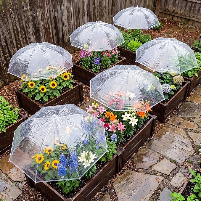 Novabright 6 Pack 27.5" Transparent Plant Umbrellas for Outdoor Plants, Mini Greenhouse Dome Protector with Adjustable Height Angle Plant Shade Cover for Garden Bed Vegetables Flower Potted Rainproof