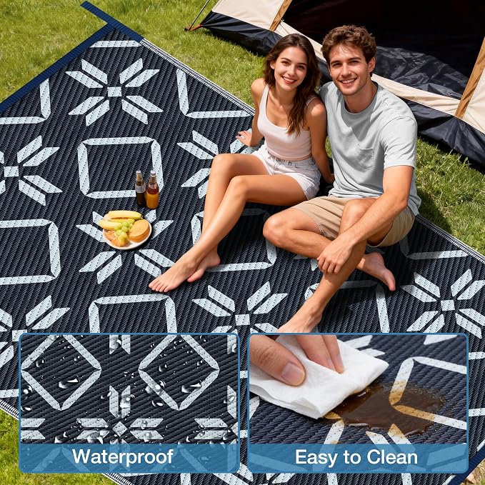 Kohree Outdoor Rug Waterproof 9x12, Reversible RV Outdoor Plastic Straw Rug Patio Mat, Non-Slip Easy Cleaning RV Carpet for Patio Camping Deck Picnic, Backyard, Includes Carry Bag (Blue)