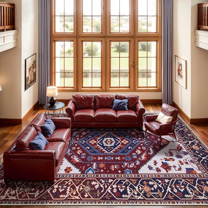 SERISSA 9x12 Washable Non Slip Boho Area Rug for Living Room | Ultra Soft Vintage Oriental Carpet Low-Pile Burgundy Navy Throw Carpet for Dining Room Bedroom Dorm Office Home Decor