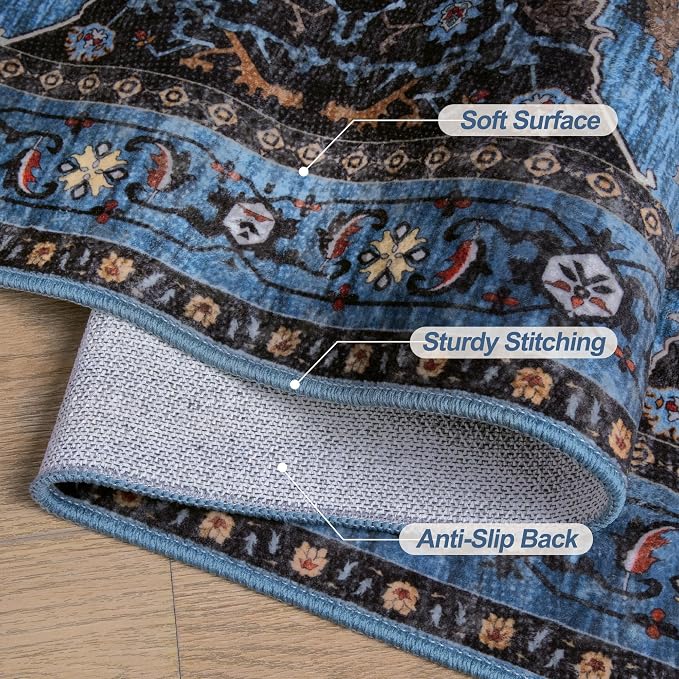 Tangsoo Blue 2.6x10 Washable Hallway Runner Rug,Vintage Non Slip Runner Rug | Oriental Soft Low Pile Long Rug Runner, Boho Print Carpet Runners for Hallway Kitchen Bedroom Entryway Living Room Blue Black